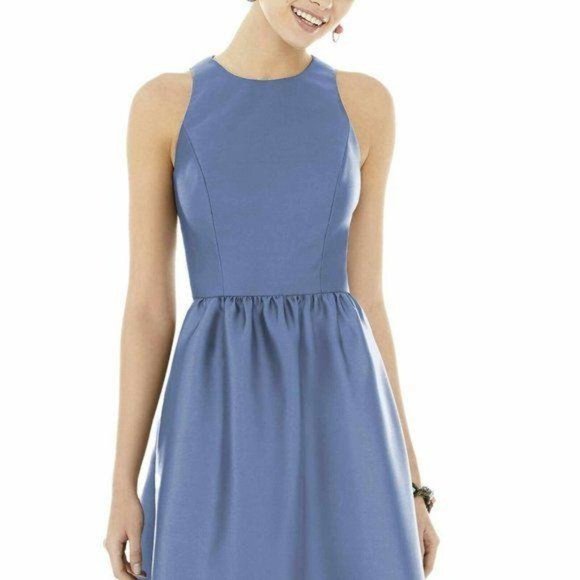 ALFRED SUNG Blue Satin Halter Jewel Neck Gown - Picture 3 of 8